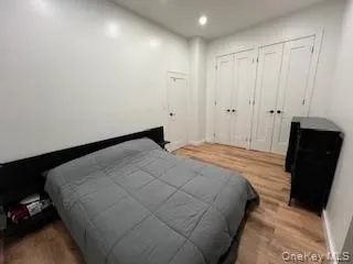 Bedroom with two closets, light wood-style floors, and recessed lighting Bedroom with two closets, light wood-style floors, and recessed lighting