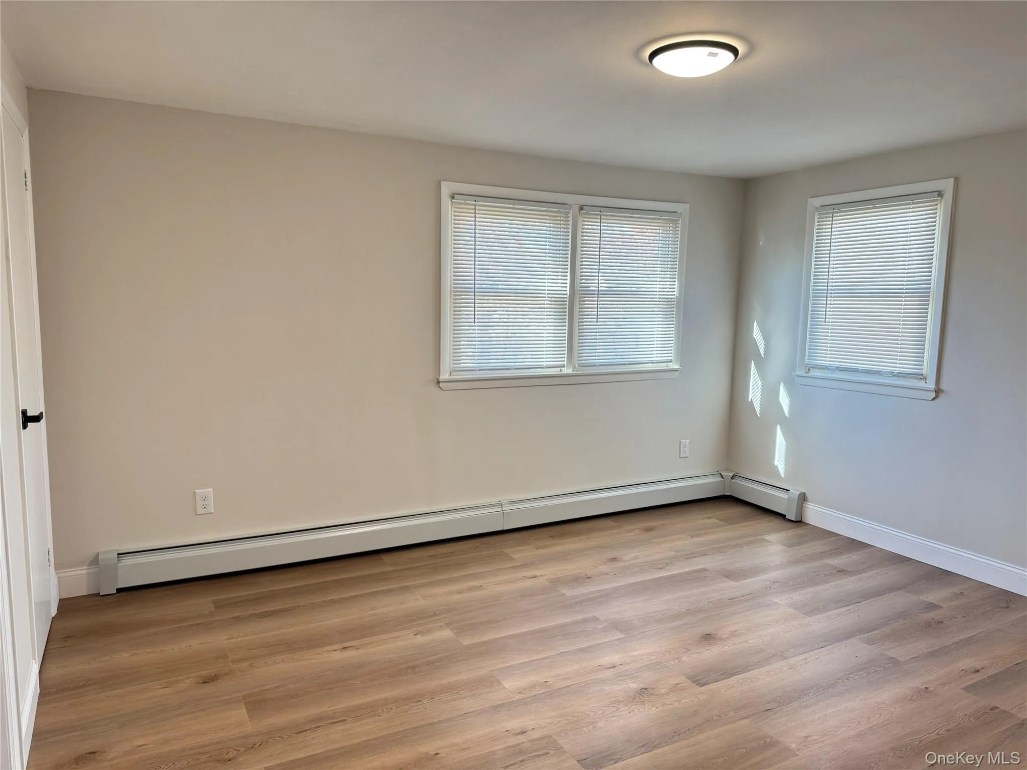 Empty room with a baseboard radiator and light wood-style flooring Empty room with a baseboard radiator and light wood-style flooring