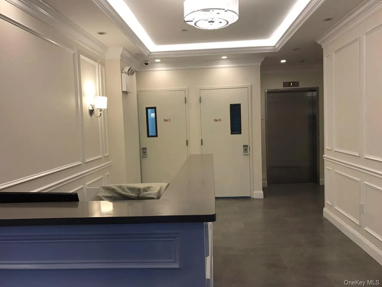 Hallway featuring elevator, ornamental molding, a decorative wall, recessed lighting, and a raised ceiling Hallway featuring elevator, ornamental molding, a decorative wall, recessed lighting, and a raised ceiling