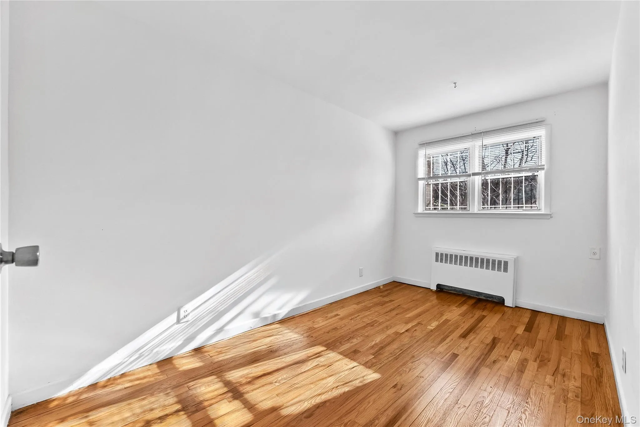 Spare room featuring radiator heating unit and light wood-type flooring Spare room featuring radiator heating unit and light wood-type flooring