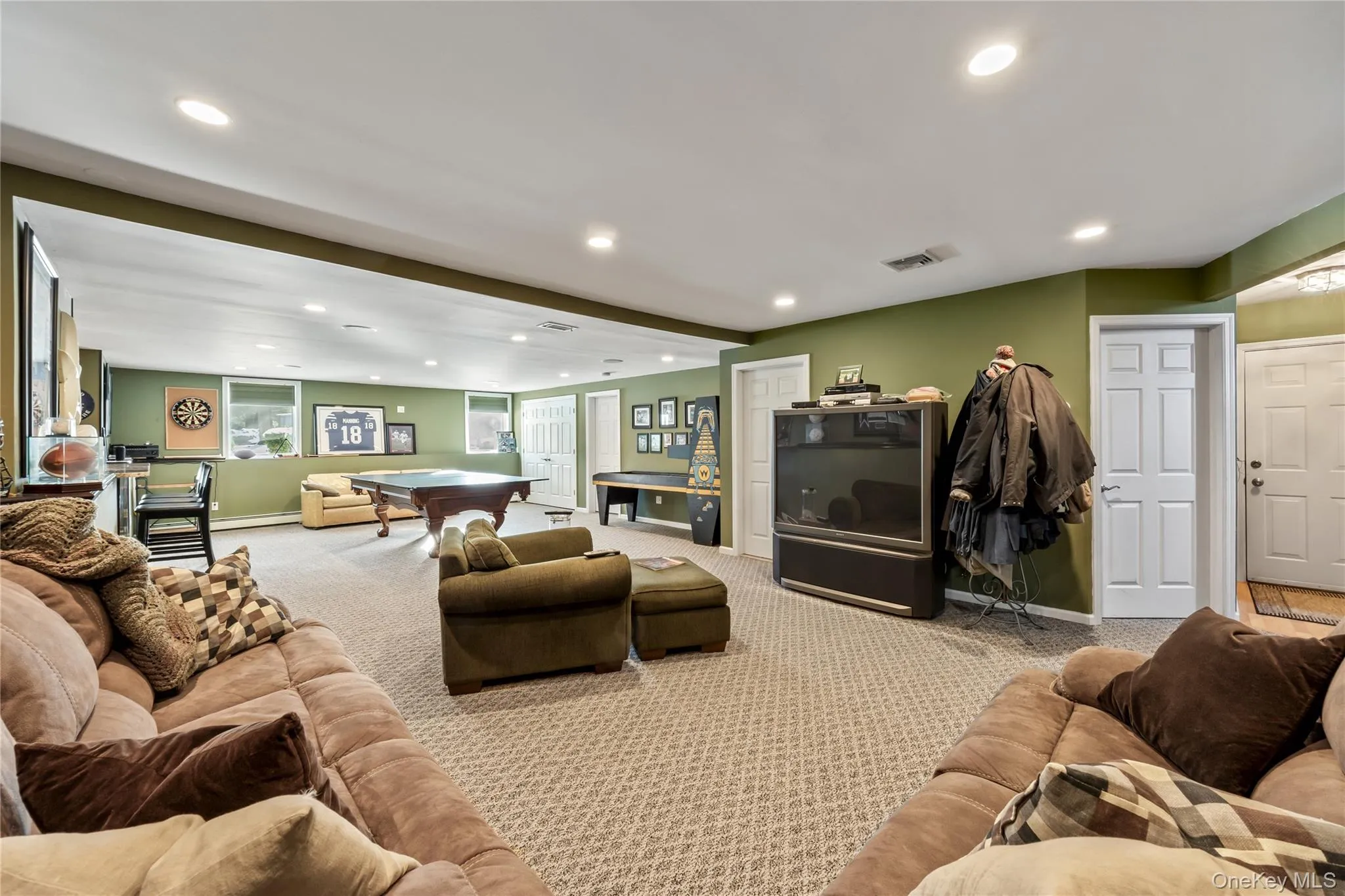 Carpeted living area featuring recessed lighting and billiards Carpeted living area featuring recessed lighting and billiards