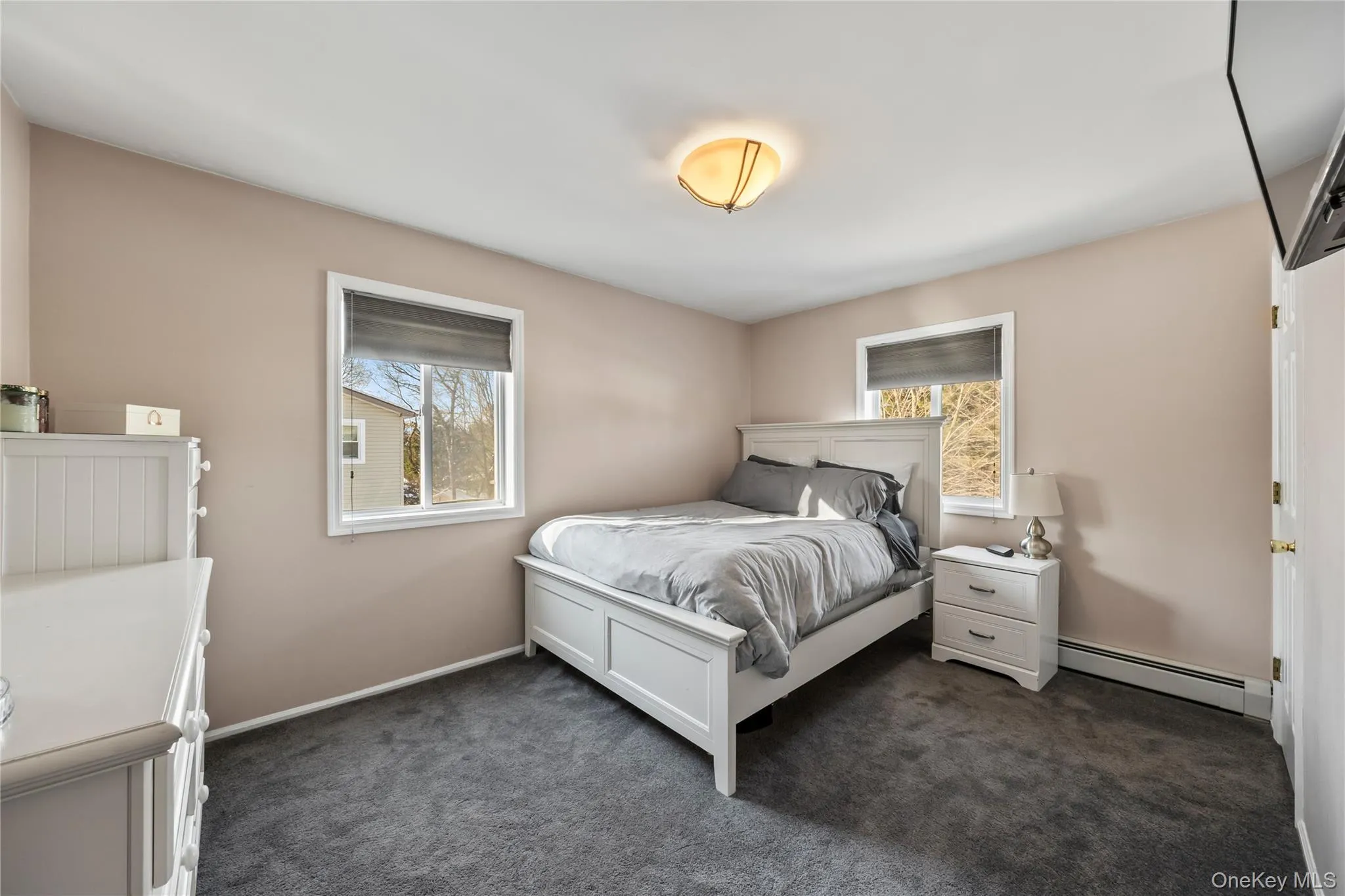 Bedroom featuring a baseboard heating unit and dark carpet Bedroom featuring a baseboard heating unit and dark carpet