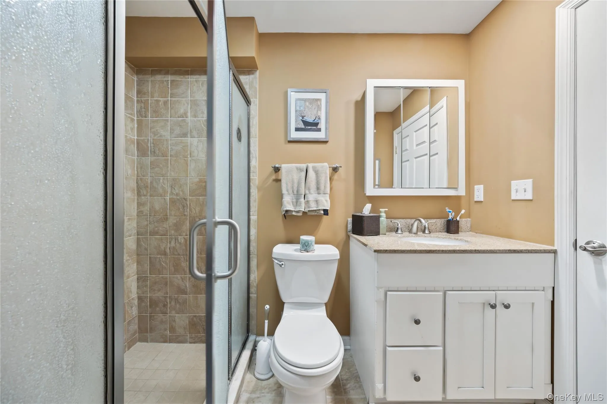 Bathroom featuring a shower stall and vanity Bathroom featuring a shower stall and vanity