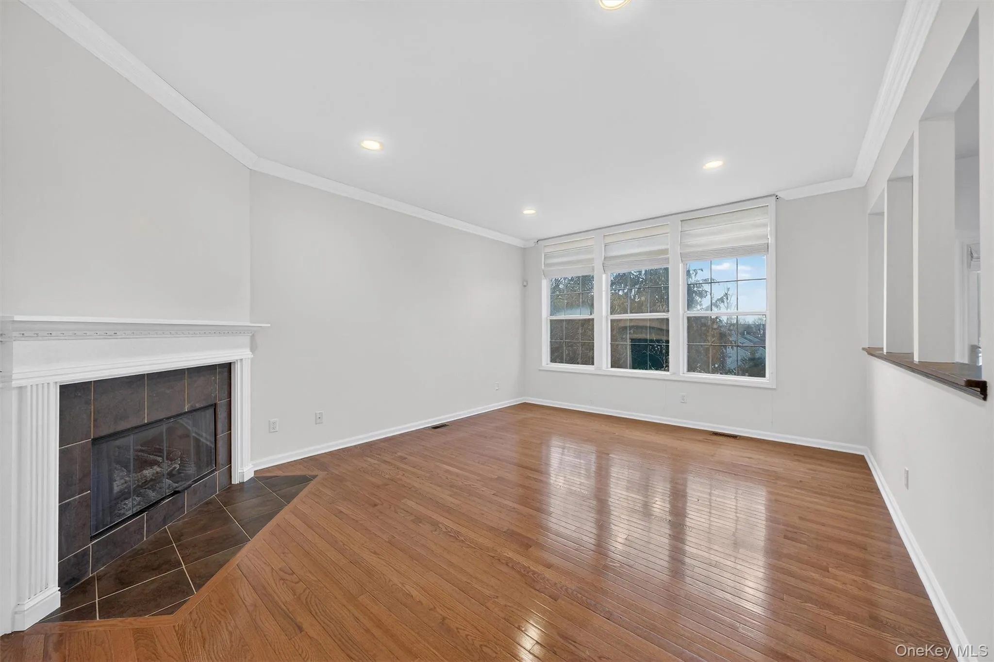 Unfurnished living room with ornamental molding, a fireplace, dark wood-type flooring, and recessed lighting Unfurnished living room with ornamental molding, a fireplace, dark wood-type flooring, and recessed lighting