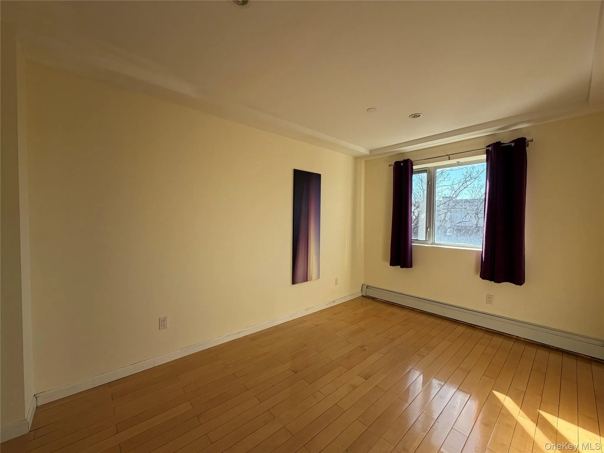 Spare room featuring baseboard heating and light wood-type flooring Spare room featuring baseboard heating and light wood-type flooring