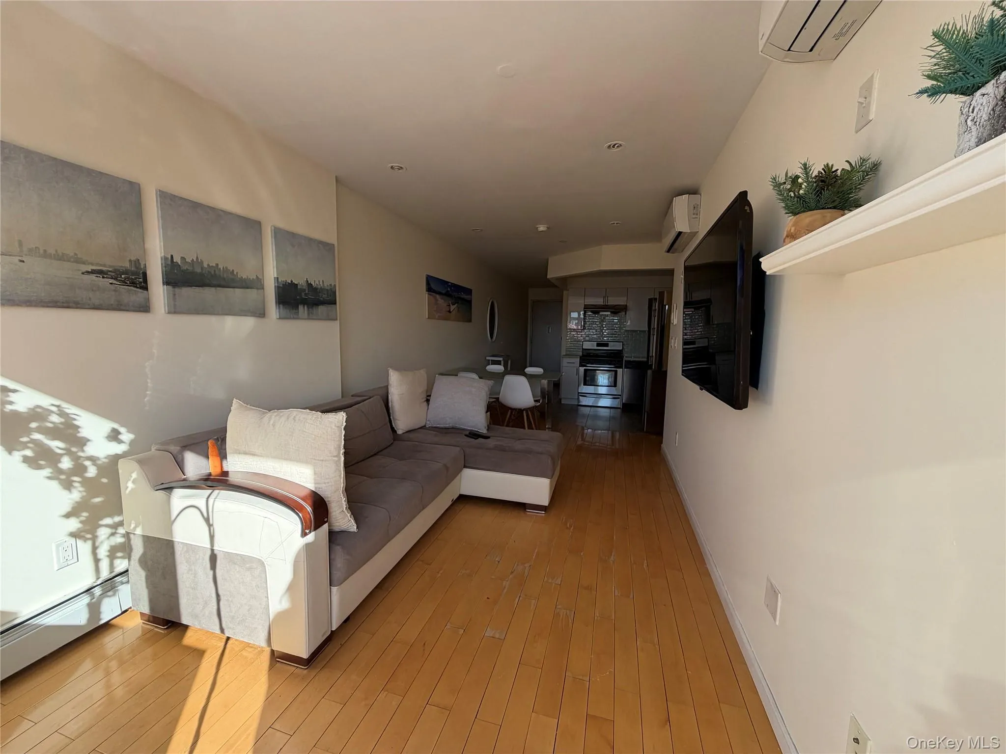 Living area with light wood-type flooring, a mini split for heating / cooling, and a baseboard radiator Living area with light wood-type flooring, a mini split for heating / cooling, and a baseboard radiator