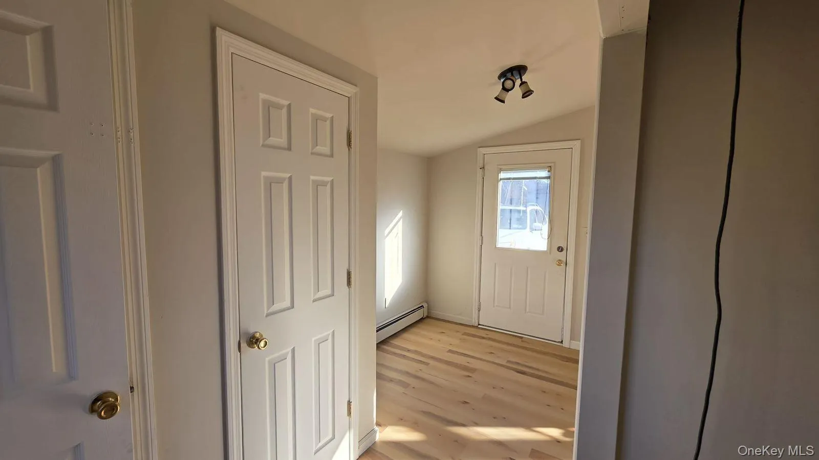 Doorway with lofted ceiling, a baseboard heating unit, and wood finished floors Doorway with lofted ceiling, a baseboard heating unit, and wood finished floors