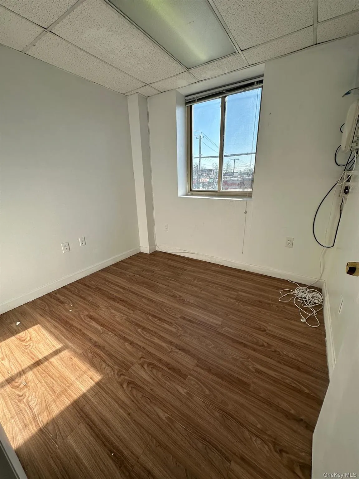 Spare room featuring a paneled ceiling and dark wood-type flooring Spare room featuring a paneled ceiling and dark wood-type flooring