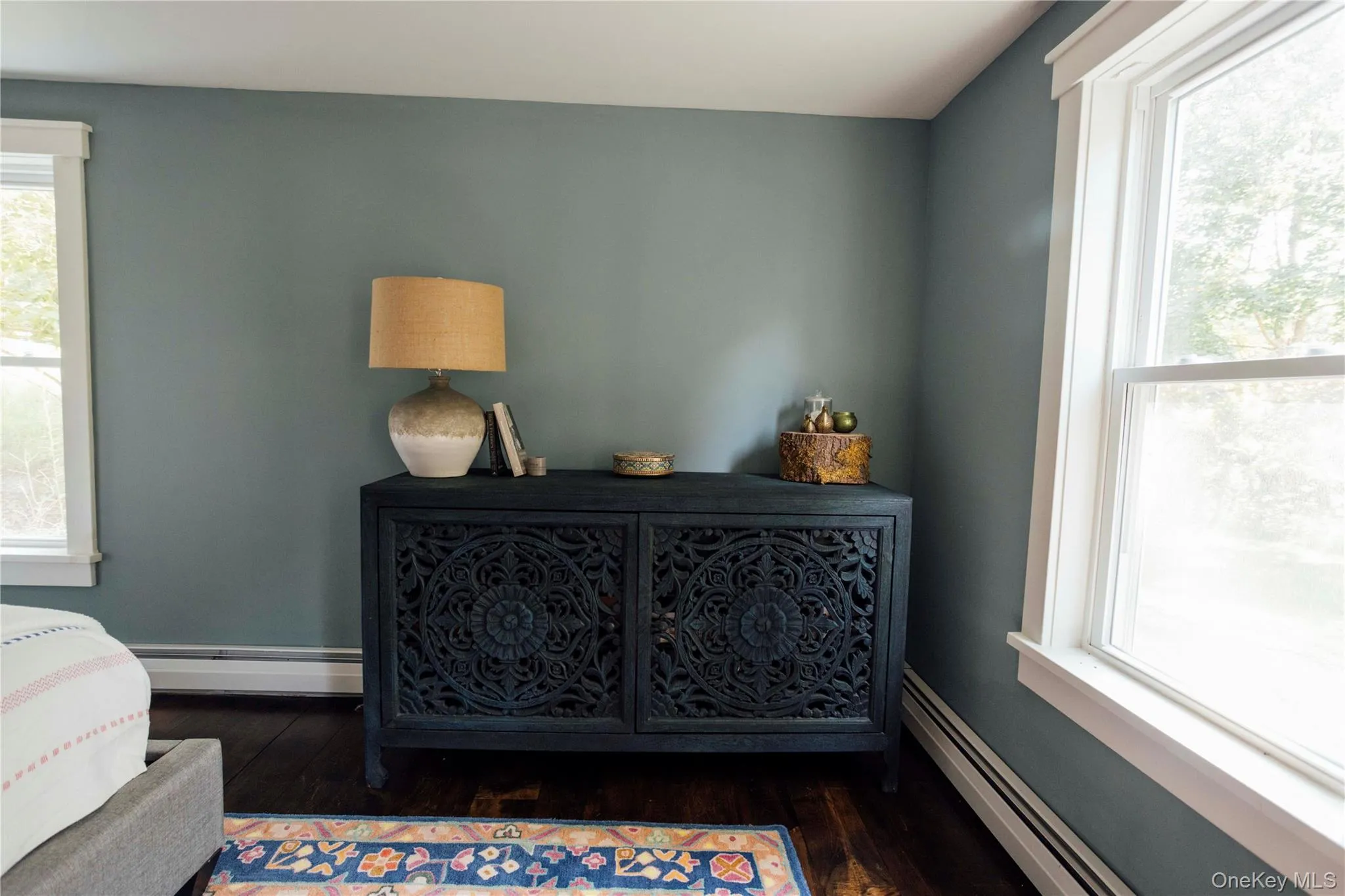 Bedroom featuring a baseboard heating unit and dark wood-style flooring Bedroom featuring a baseboard heating unit and dark wood-style flooring