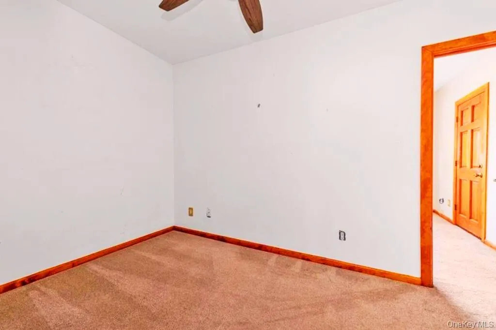 Empty room featuring carpet flooring and a ceiling fan Empty room featuring carpet flooring and a ceiling fan