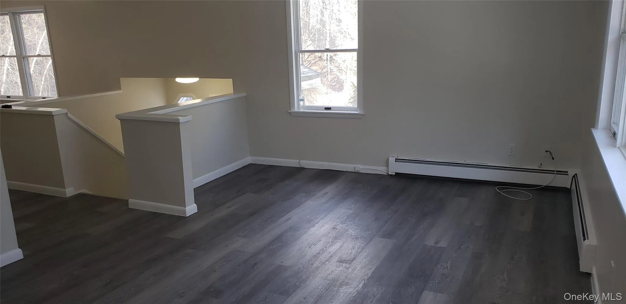 Empty room featuring healthy amount of natural light, baseboard heating, and dark wood-type flooring Empty room featuring healthy amount of natural light, baseboard heating, and dark wood-type flooring