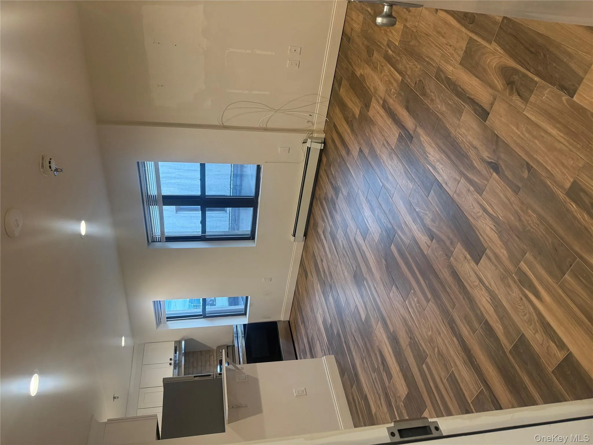 Unfurnished living room featuring dark wood-style floors, recessed lighting, and a baseboard radiator Unfurnished living room featuring dark wood-style floors, recessed lighting, and a baseboard radiator