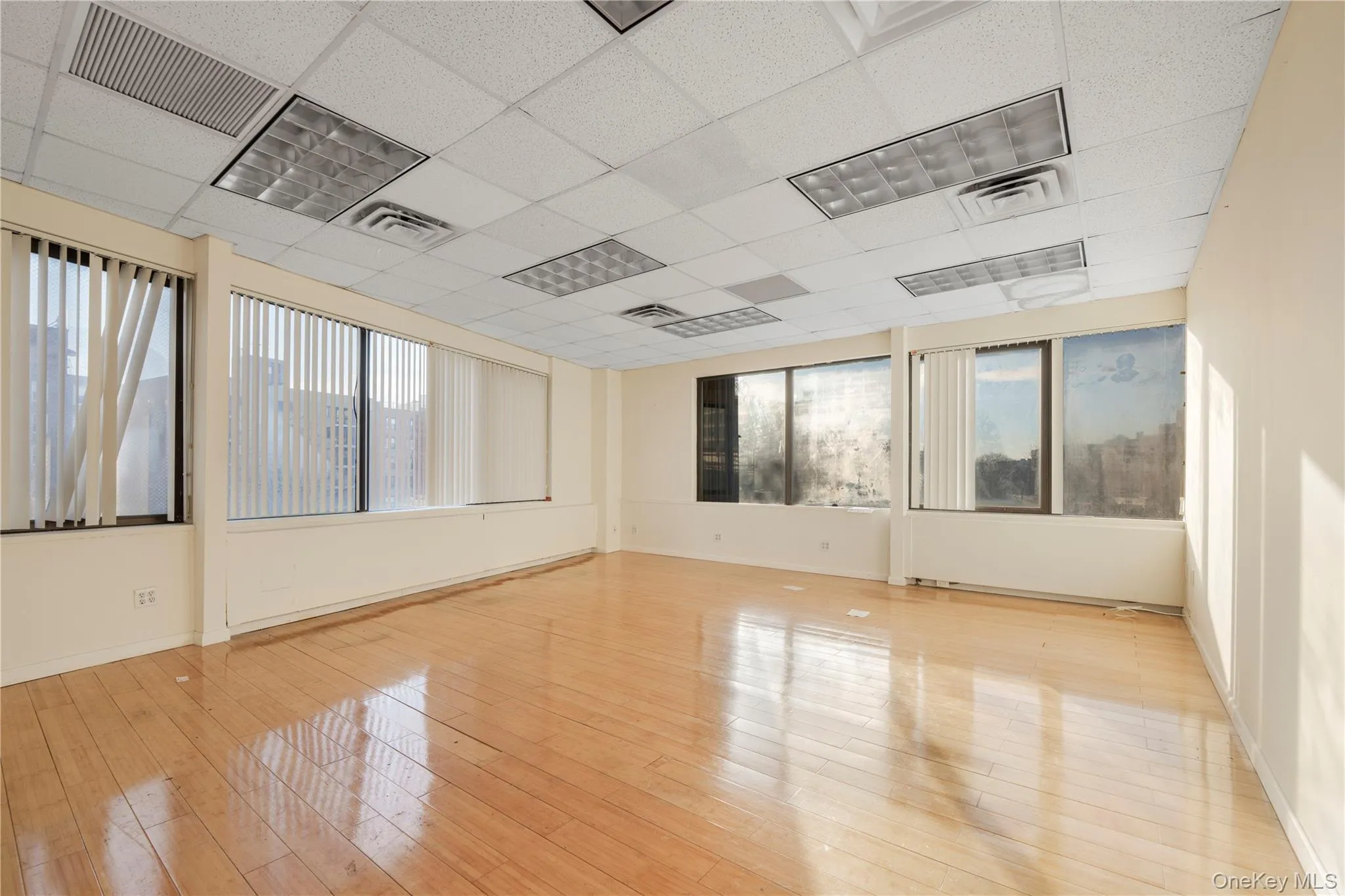 Empty room with healthy amount of natural light, a drop ceiling, and light wood-style floors Empty room with healthy amount of natural light, a drop ceiling, and light wood-style floors