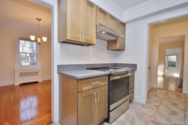 Kitchen with plenty of natural light, crown molding, electric stove, radiator heating unit, and under cabinet range hood Kitchen with plenty of natural light, crown molding, electric stove, radiator heating unit, and under cabinet range hood