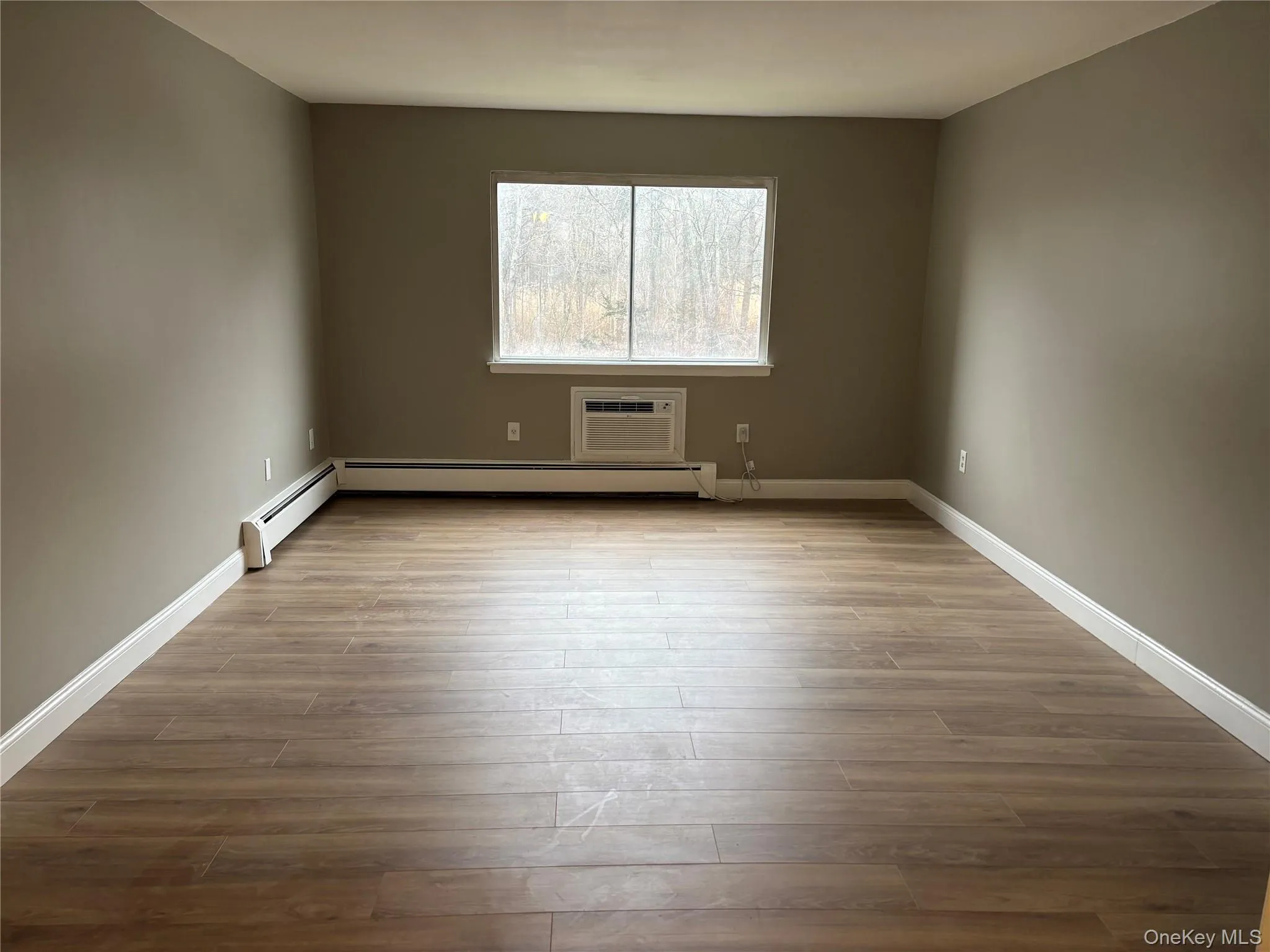 Unfurnished room featuring light wood-type flooring, a baseboard radiator, and a wall mounted air conditioner Unfurnished room featuring light wood-type flooring, a baseboard radiator, and a wall mounted air conditioner