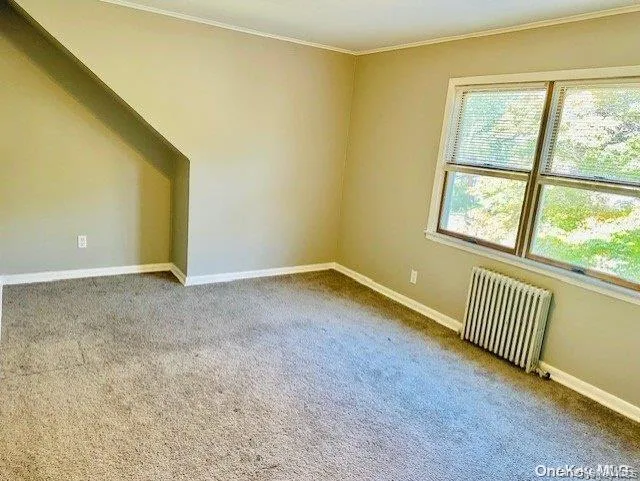 Carpeted empty room featuring ornamental molding and radiator heating unit Carpeted empty room featuring ornamental molding and radiator heating unit