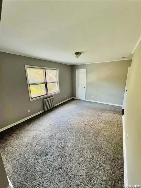 Carpeted spare room featuring radiator and baseboards Carpeted spare room featuring radiator and baseboards