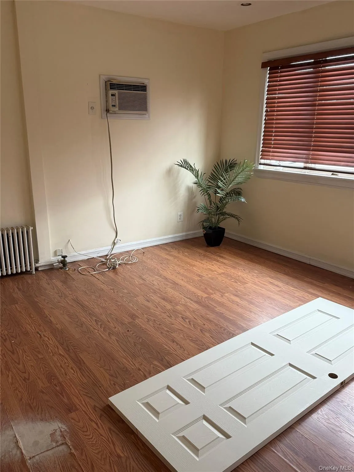 Empty room featuring light wood-style floors, radiator heating unit, and a wall unit AC Empty room featuring light wood-style floors, radiator heating unit, and a wall unit AC
