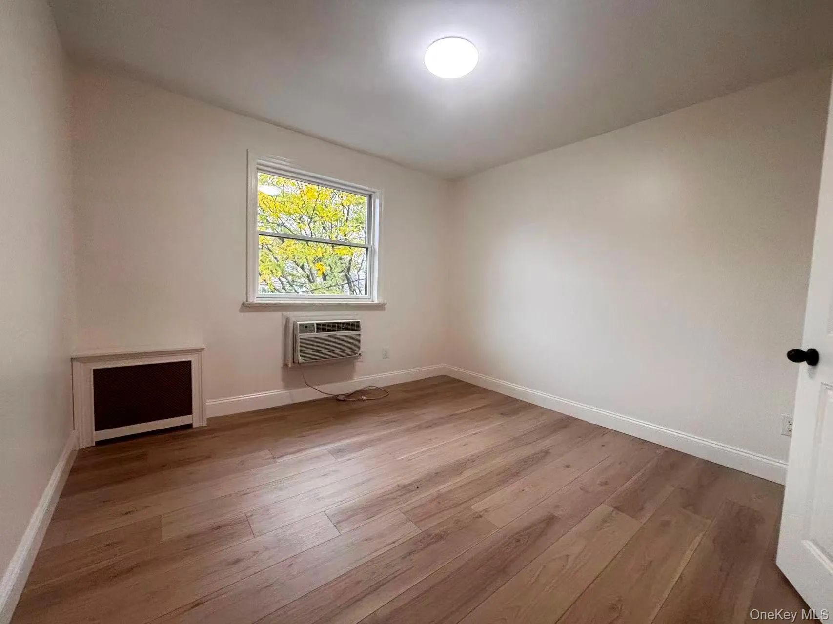 Empty room with light wood-style flooring and a wall unit AC Empty room with light wood-style flooring and a wall unit AC