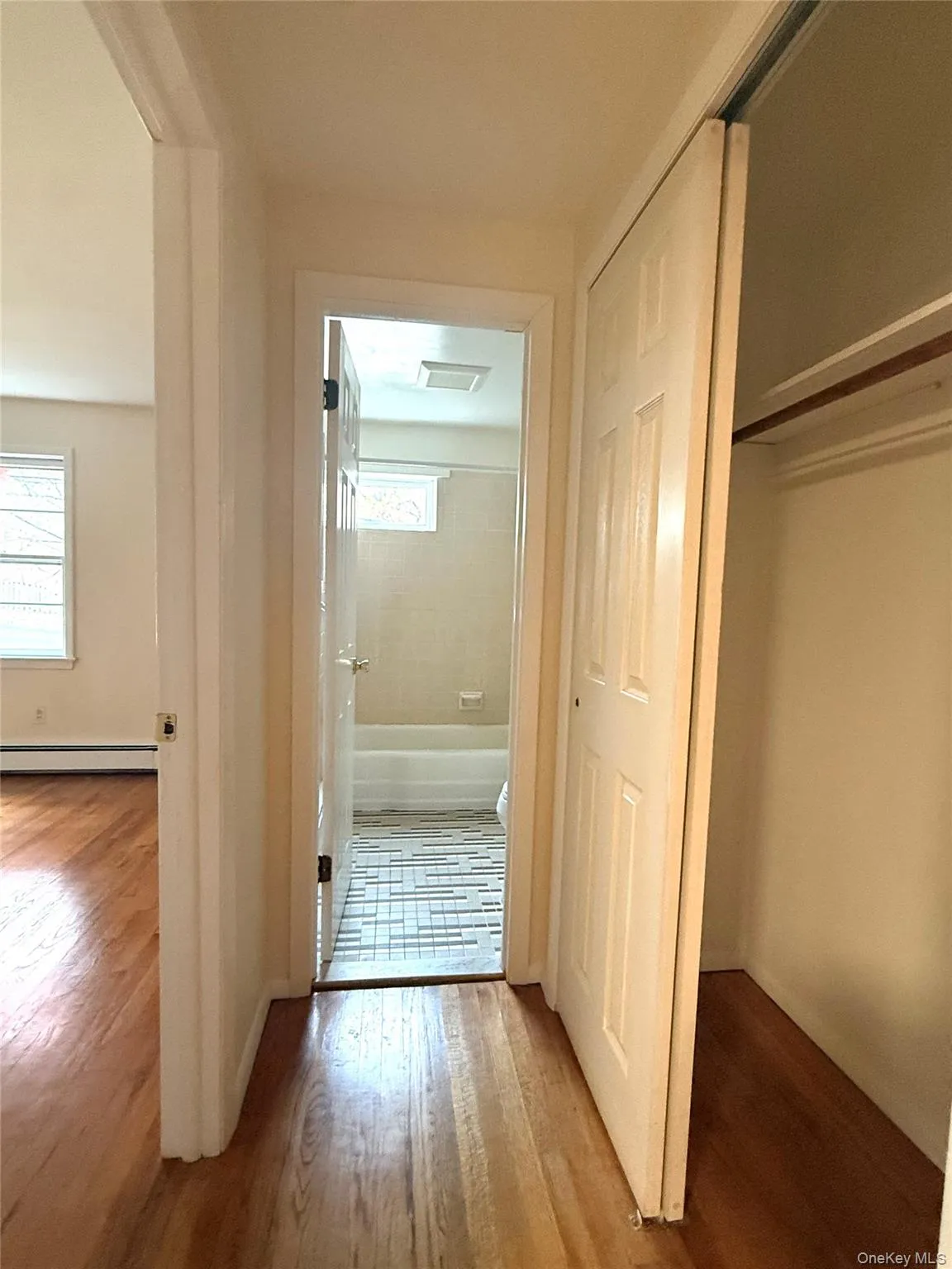 Looking from hallway into bathroom with bedroom on left and large hall closet on right Looking from hallway into bathroom with bedroom on left and large hall closet on right