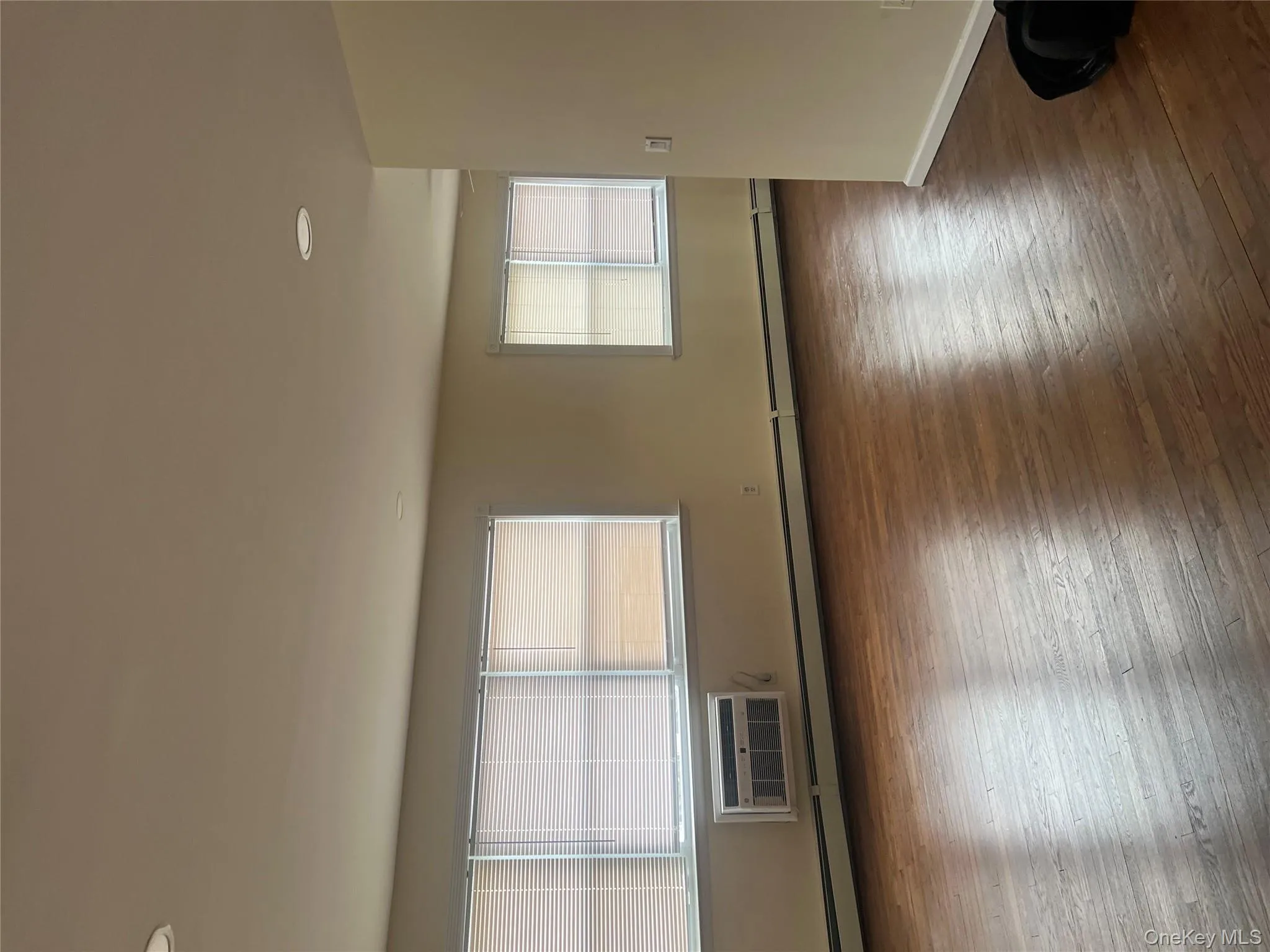 Spare room with dark wood-style flooring, a baseboard heating unit, recessed lighting, and a wall mounted air conditioner Spare room with dark wood-style flooring, a baseboard heating unit, recessed lighting, and a wall mounted air conditioner