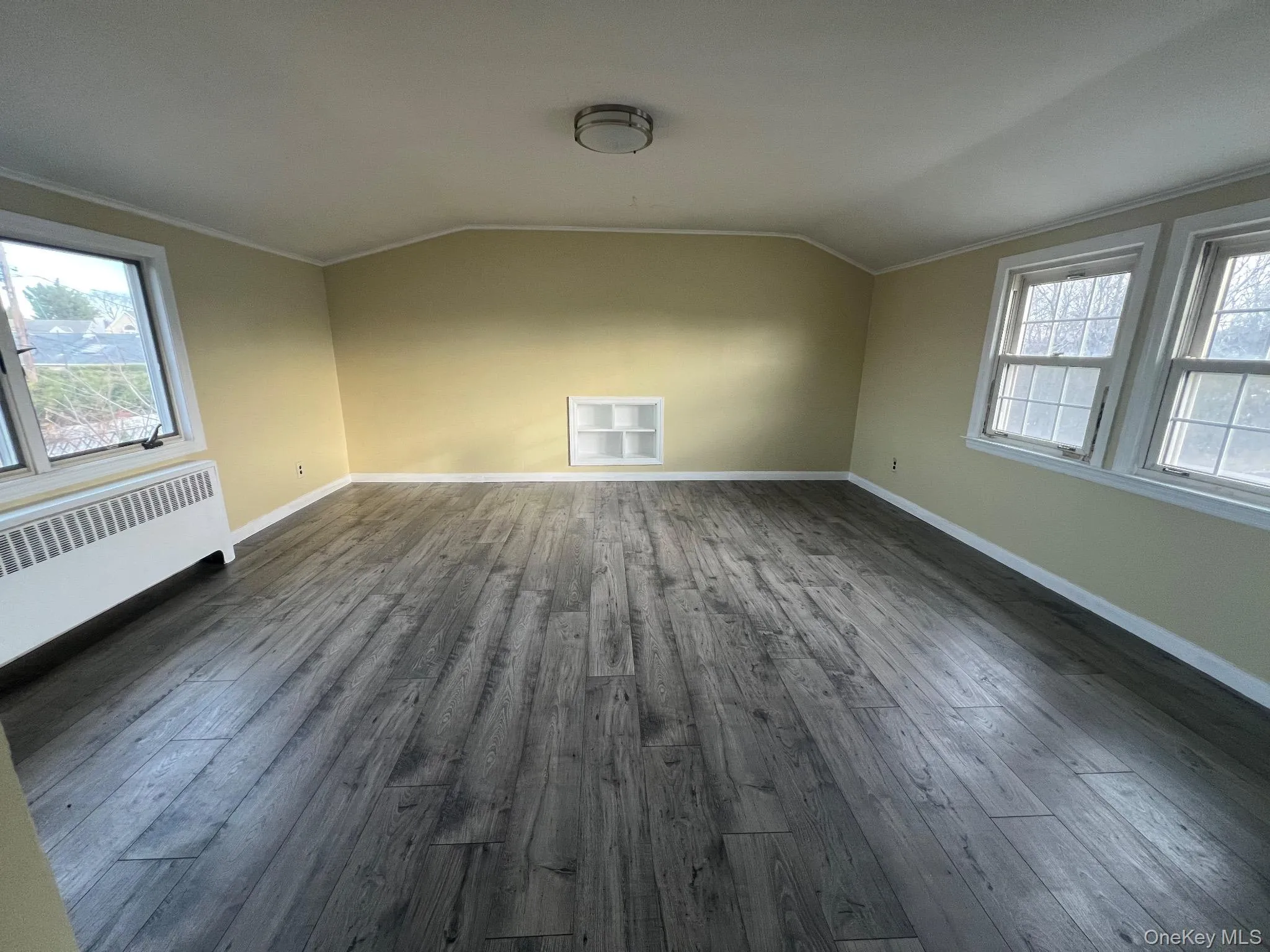 Spare room featuring dark wood-style flooring, vaulted ceiling, radiator, and ornamental molding Spare room featuring dark wood-style flooring, vaulted ceiling, radiator, and ornamental molding