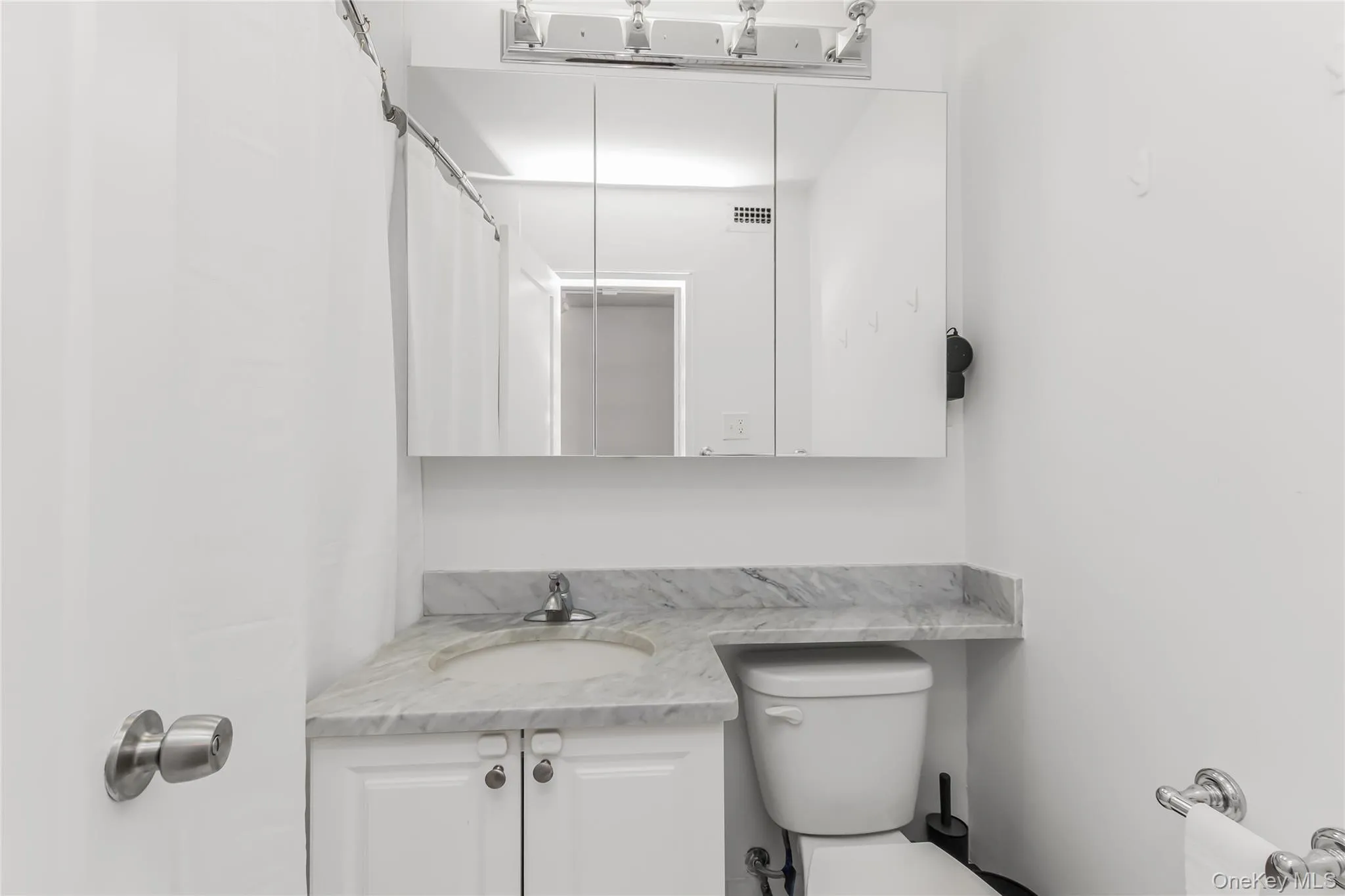 Bathroom with vanity and curtained shower Bathroom with vanity and curtained shower
