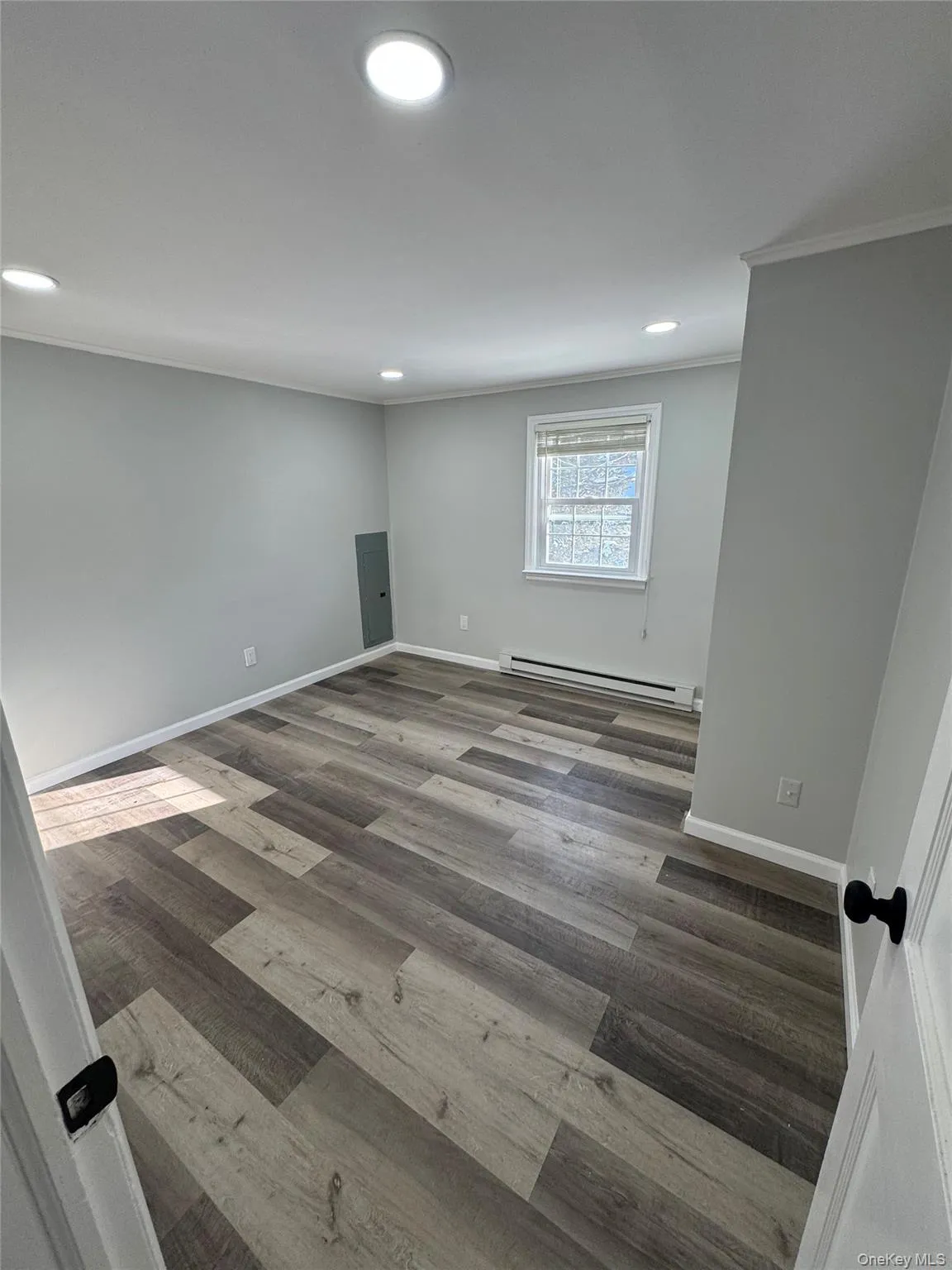 Below grade area featuring recessed lighting, a baseboard heating unit, wood finished floors, ornamental molding, and electric panel Below grade area featuring recessed lighting, a baseboard heating unit, wood finished floors, ornamental molding, and electric panel