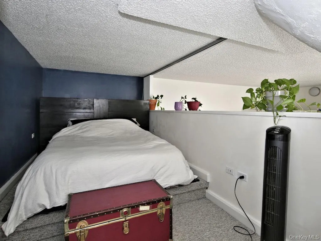 Carpeted bedroom with a textured ceiling and baseboards Carpeted bedroom with a textured ceiling and baseboards