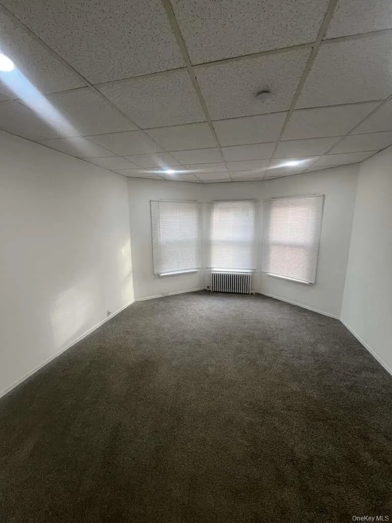 Empty room with a paneled ceiling, radiator, and carpet flooring Empty room with a paneled ceiling, radiator, and carpet flooring