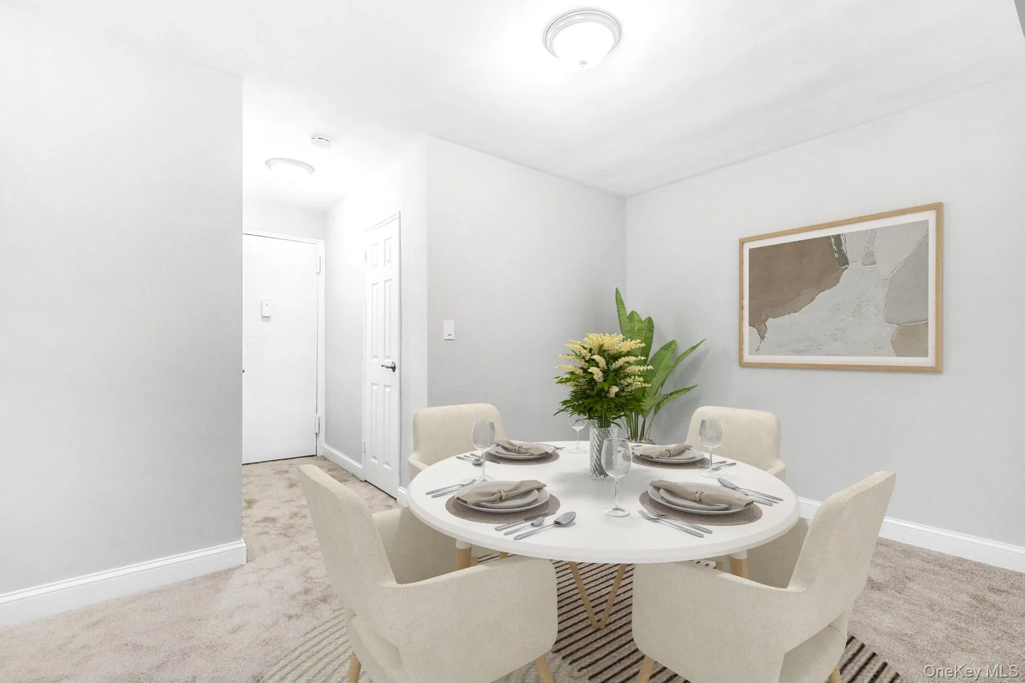 Dining area with light colored carpet is virtually staged Dining area with light colored carpet is virtually staged