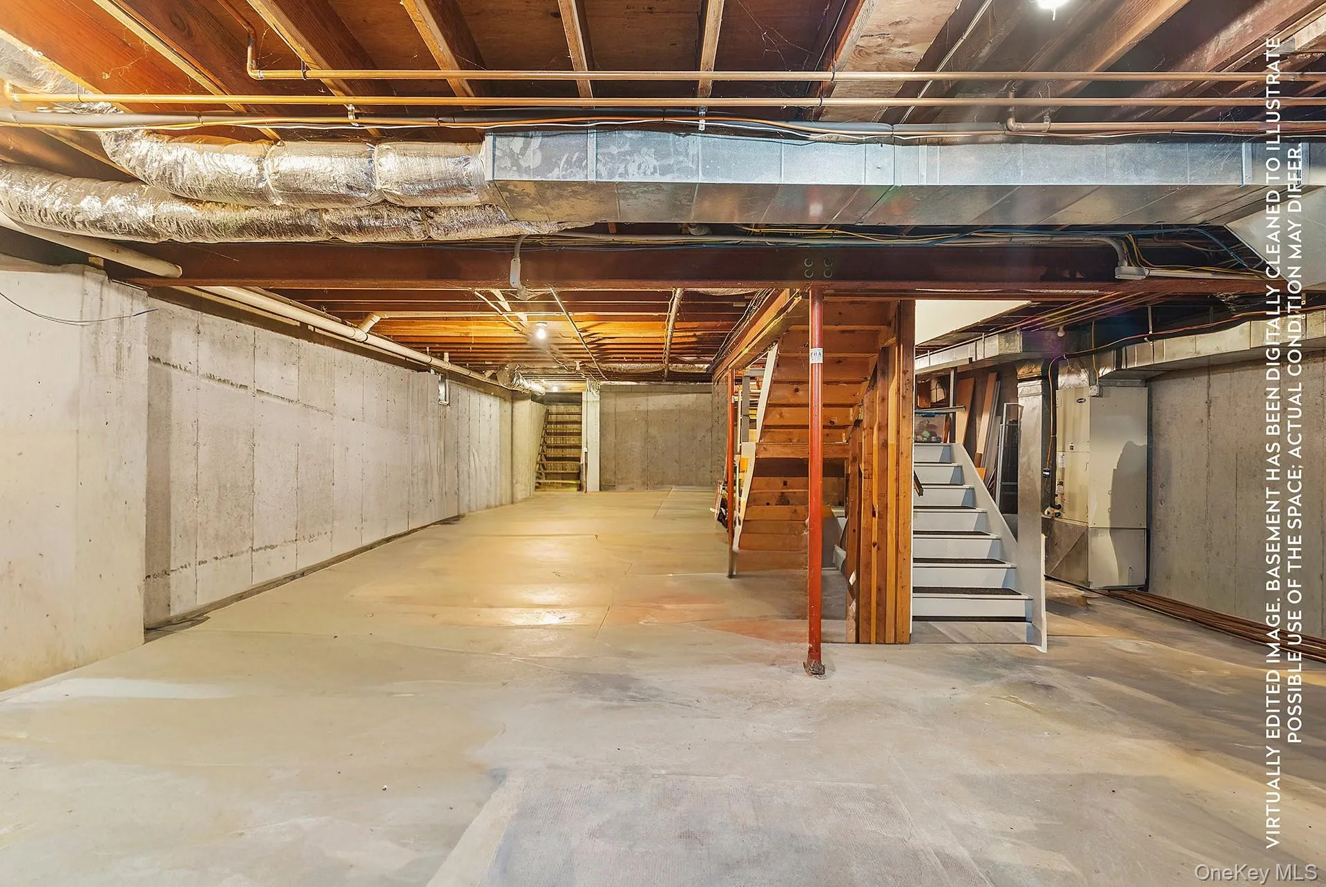 Unfinished basement with stairs and heating unit Unfinished basement with stairs and heating unit