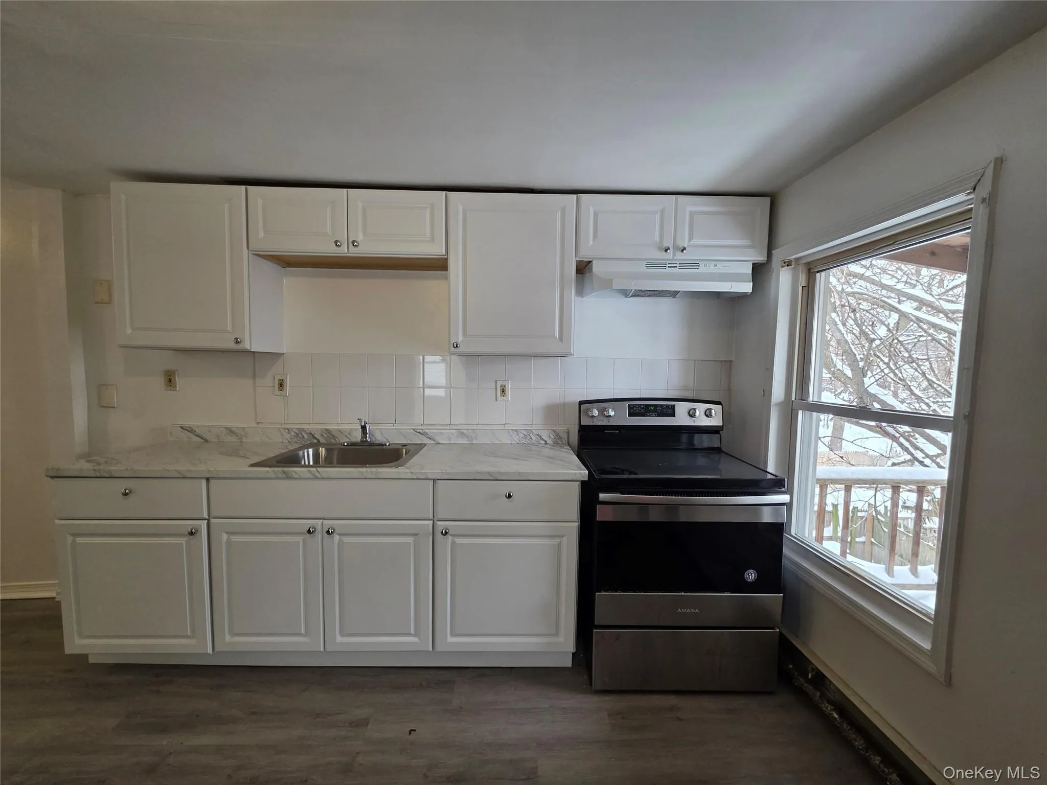 Kitchen with stainless steel electric range, white cabinetry, under cabinet range hood, dark wood finished floors, and tasteful backsplash Kitchen with stainless steel electric range, white cabinetry, under cabinet range hood, dark wood finished floors, and tasteful backsplash