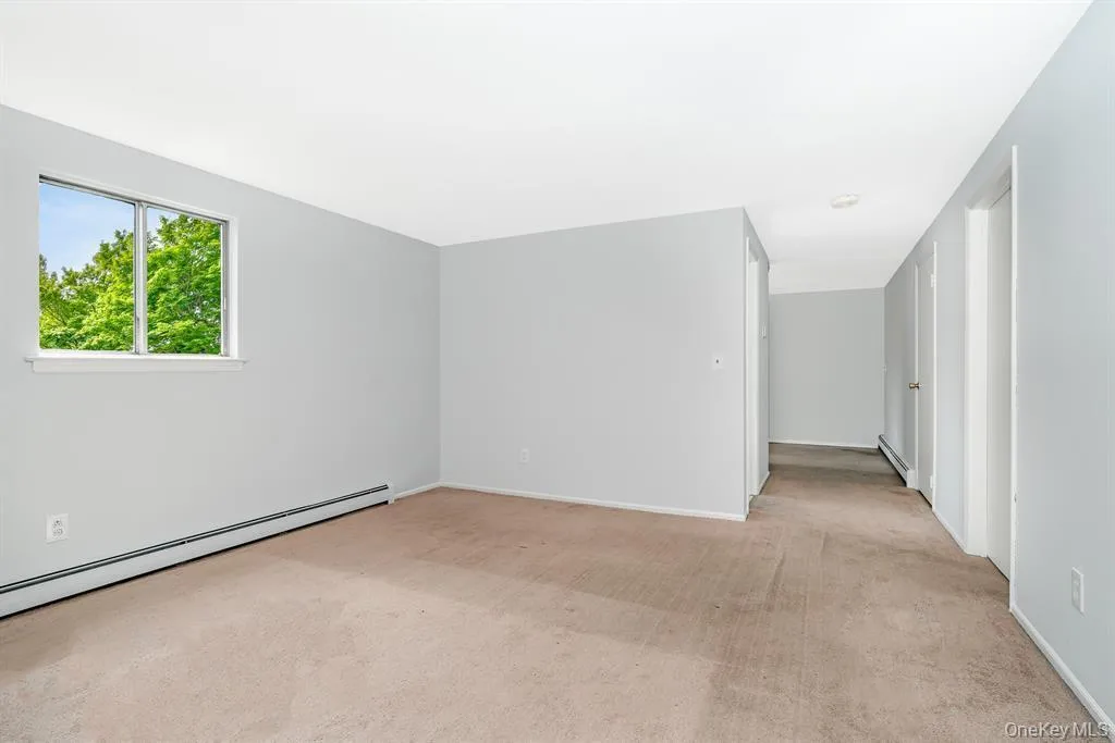 Empty room featuring light colored carpet and a baseboard radiator Empty room featuring light colored carpet and a baseboard radiator