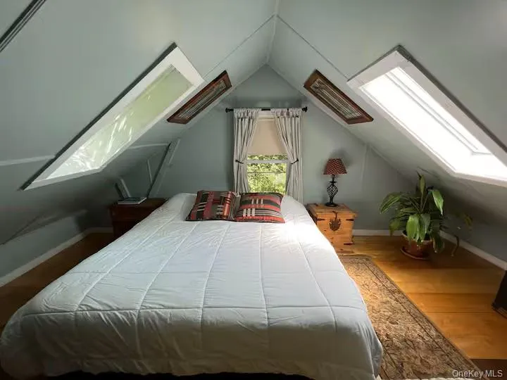 Bedroom featuring a skylight, lofted ceiling, and wood finished floors Bedroom featuring a skylight, lofted ceiling, and wood finished floors