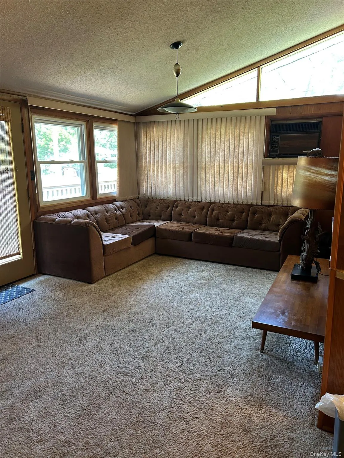 Carpeted living area featuring a textured ceiling Carpeted living area featuring a textured ceiling