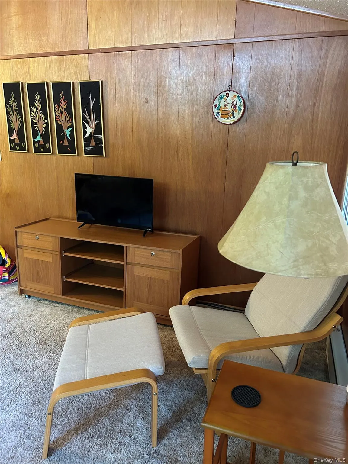 Living area with light carpet and wooden walls Living area with light carpet and wooden walls