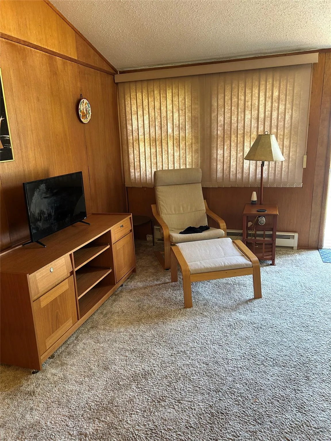 Sitting room with light colored carpet, vaulted ceiling, a textured ceiling, wood walls, and a baseboard radiator Sitting room with light colored carpet, vaulted ceiling, a textured ceiling, wood walls, and a baseboard radiator
