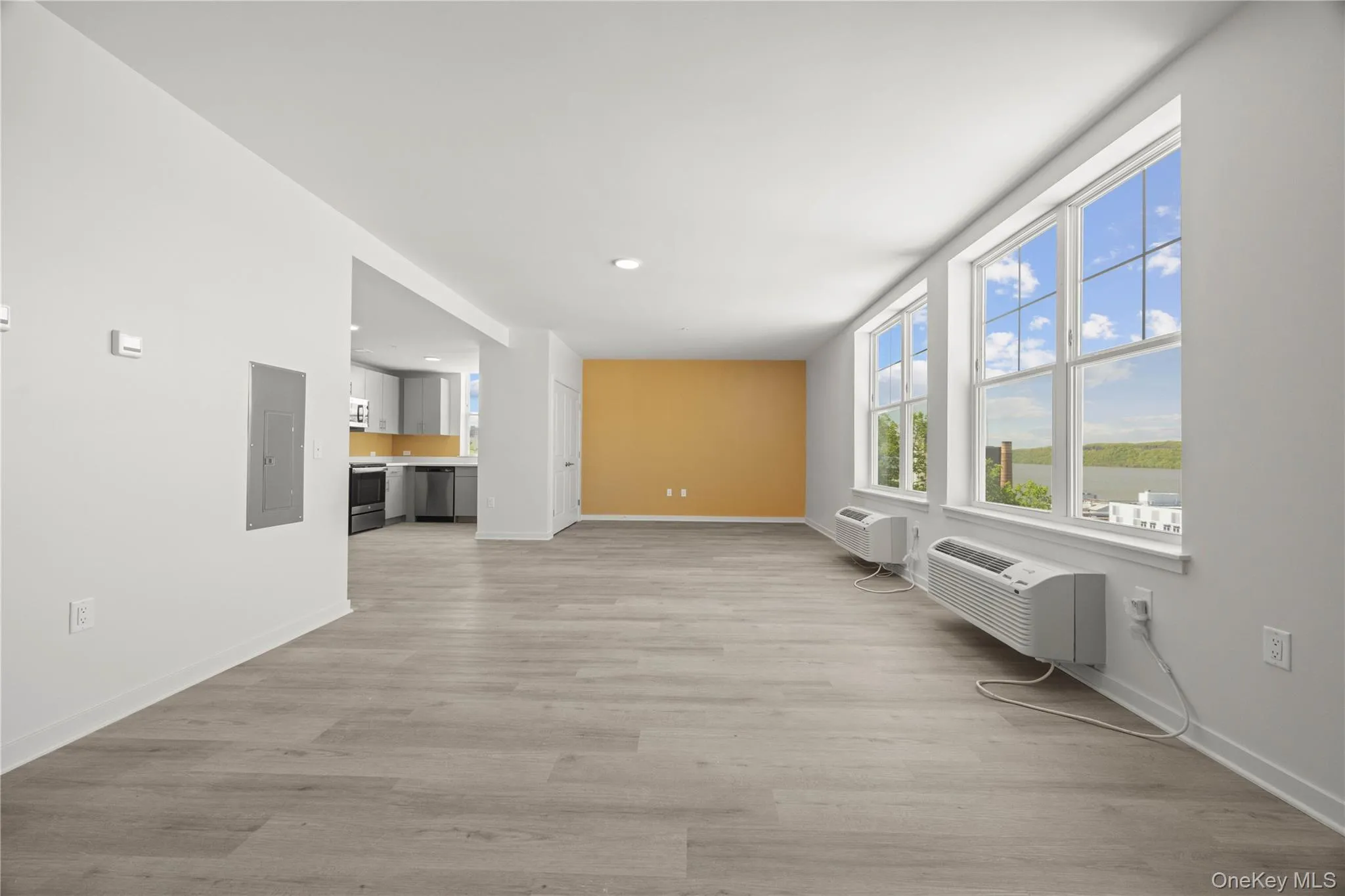 Unfurnished living room with light wood finished floors, electric panel, plenty of natural light, a wall mounted AC, and recessed lighting Unfurnished living room with light wood finished floors, electric panel, plenty of natural light, a wall mounted AC, and recessed lighting