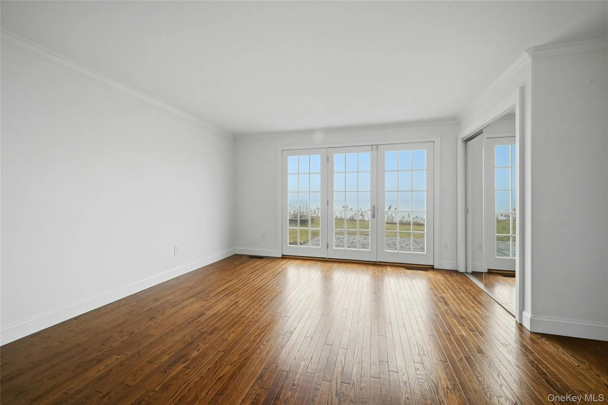 Spare room featuring crown molding and dark wood-style floors Spare room featuring crown molding and dark wood-style floors
