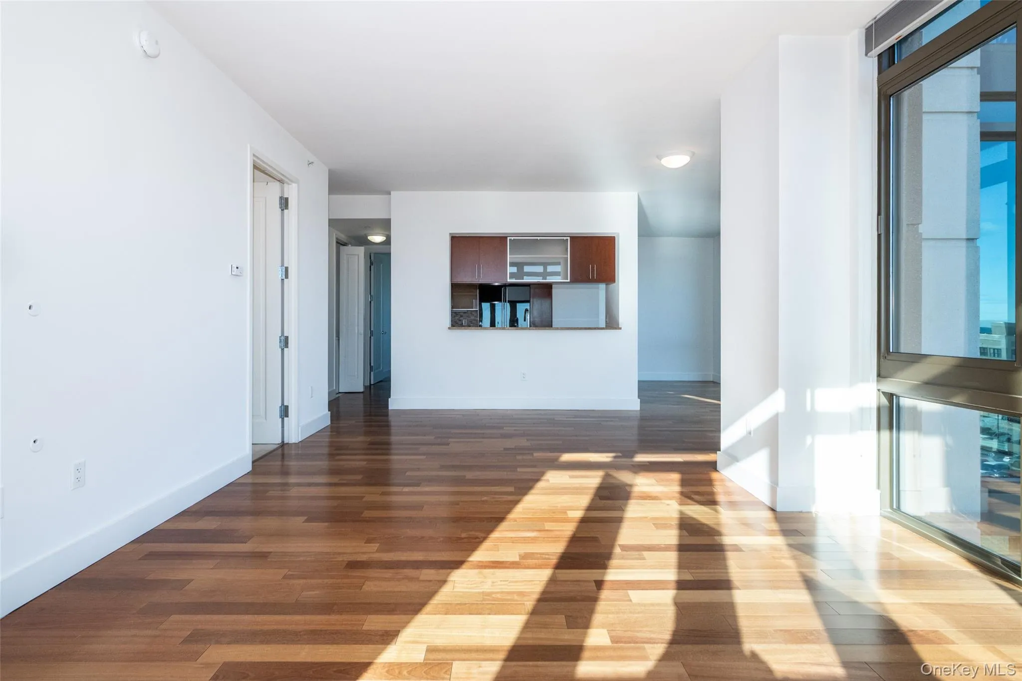 Unfurnished living room with dark wood finished floors and baseboards Unfurnished living room with dark wood finished floors and baseboards