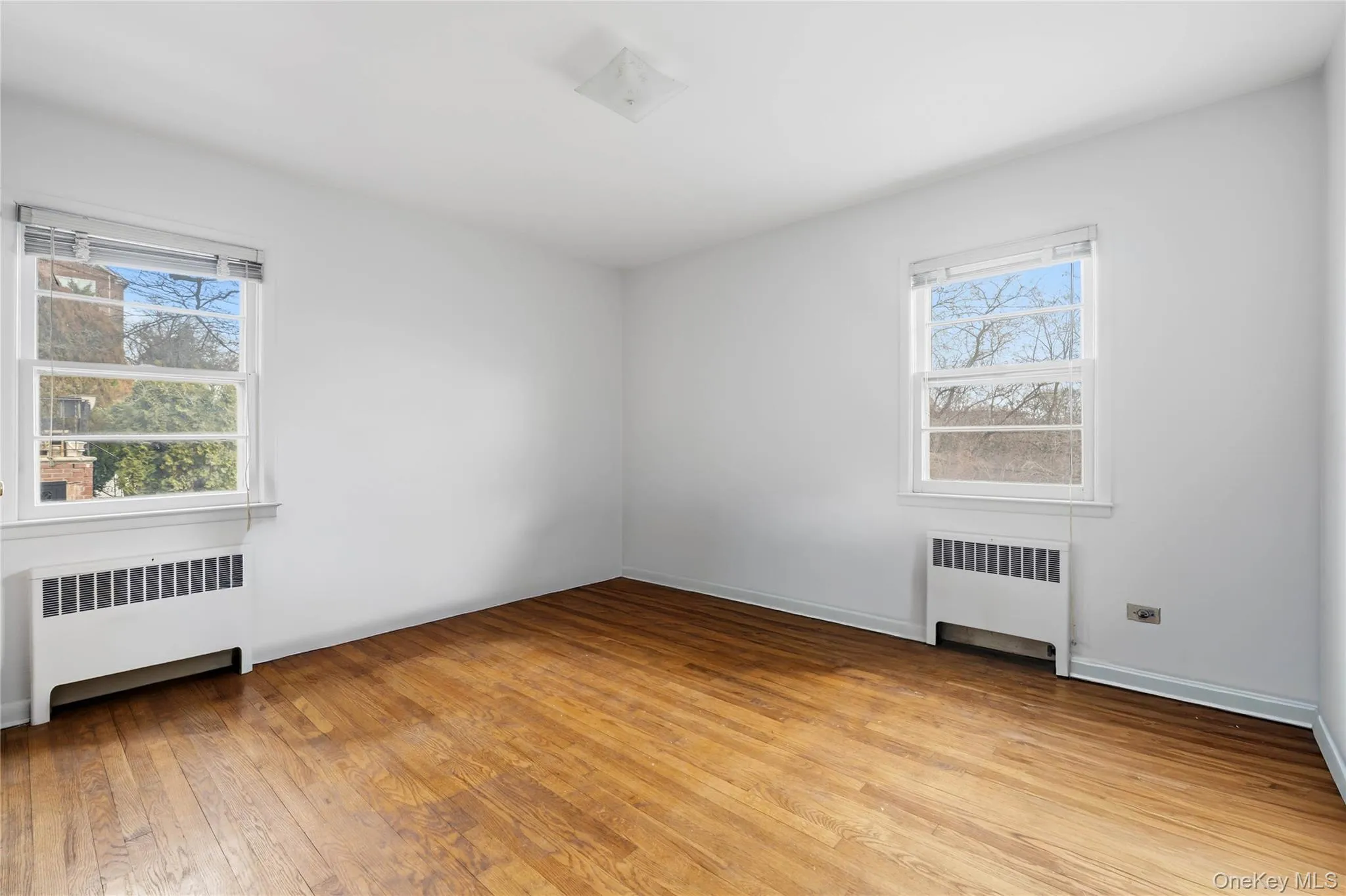 Spare room featuring radiator, light wood-type flooring, and plenty of natural light Spare room featuring radiator, light wood-type flooring, and plenty of natural light
