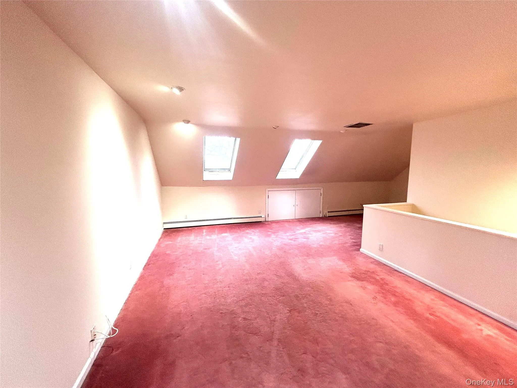 Bonus room with a skylight, carpet floors, vaulted ceiling, and baseboard heating Bonus room with a skylight, carpet floors, vaulted ceiling, and baseboard heating
