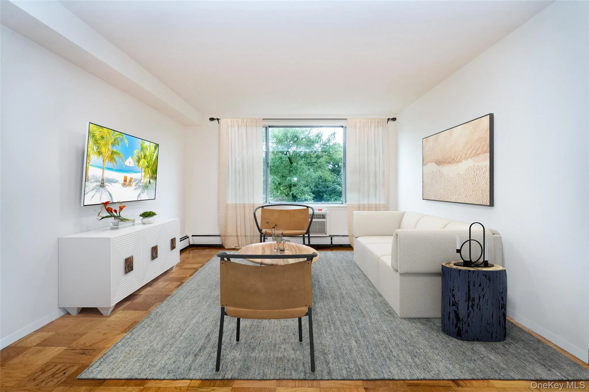 Living area featuring an AC wall unit and a baseboard heating unit Living area featuring an AC wall unit and a baseboard heating unit