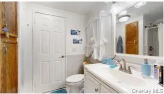 Bathroom with vanity and a shower with curtain Bathroom with vanity and a shower with curtain
