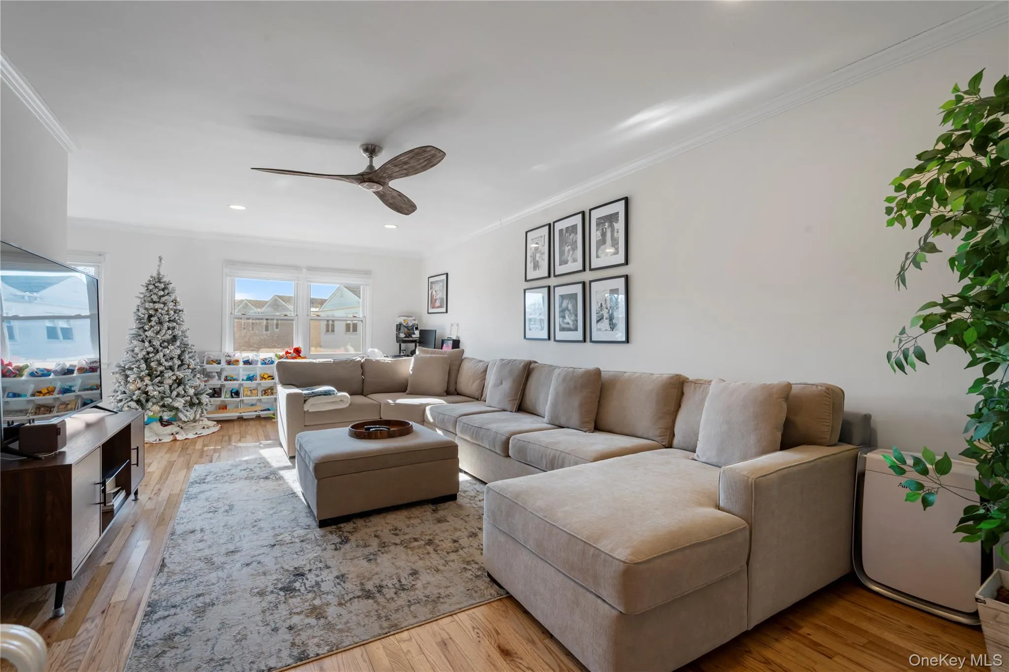 Living area with light wood finished floors, crown molding, ceiling fan, and recessed lighting Living area with light wood finished floors, crown molding, ceiling fan, and recessed lighting