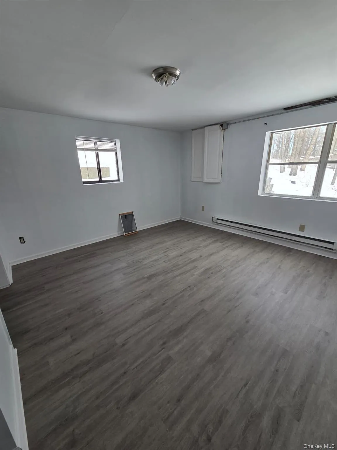 Unfurnished room featuring plenty of natural light, a baseboard heating unit, and dark wood finished floors Unfurnished room featuring plenty of natural light, a baseboard heating unit, and dark wood finished floors
