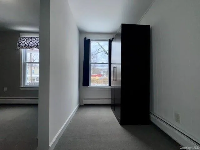 Hallway with light carpet, plenty of natural light, and baseboard heating Hallway with light carpet, plenty of natural light, and baseboard heating