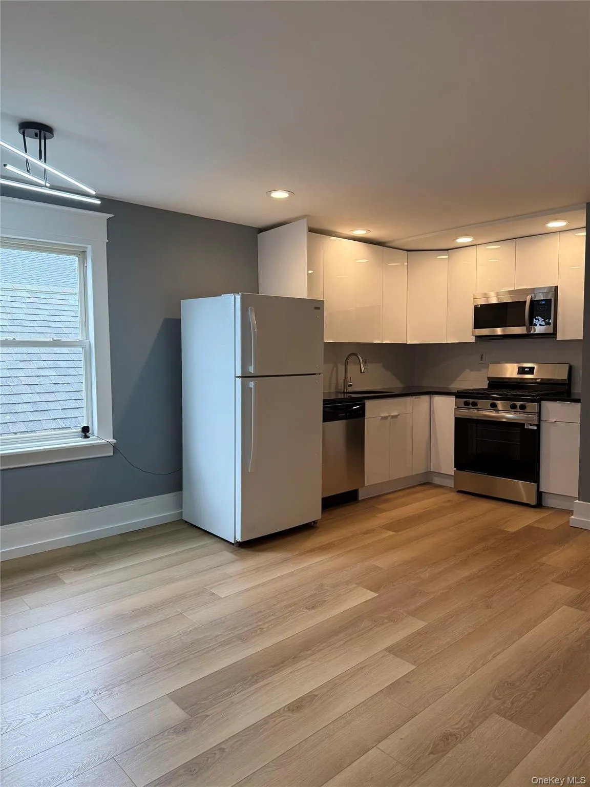 Kitchen with stainless steel appliances, modern cabinets, white cabinets, light wood-type flooring, and recessed lighting Kitchen with stainless steel appliances, modern cabinets, white cabinets, light wood-type flooring, and recessed lighting