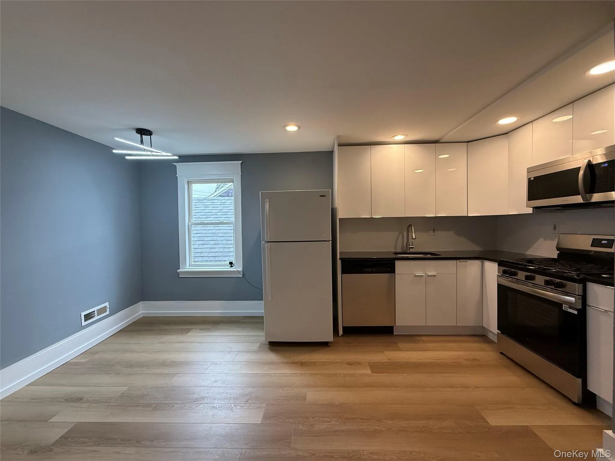 Kitchen with stainless steel appliances, white cabinets, modern cabinets, light wood finished floors, and recessed lighting Kitchen with stainless steel appliances, white cabinets, modern cabinets, light wood finished floors, and recessed lighting
